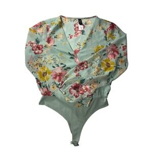 Windsor Floral Wrap Bodysuit Mint Green Long Sleeve Sheer Top M